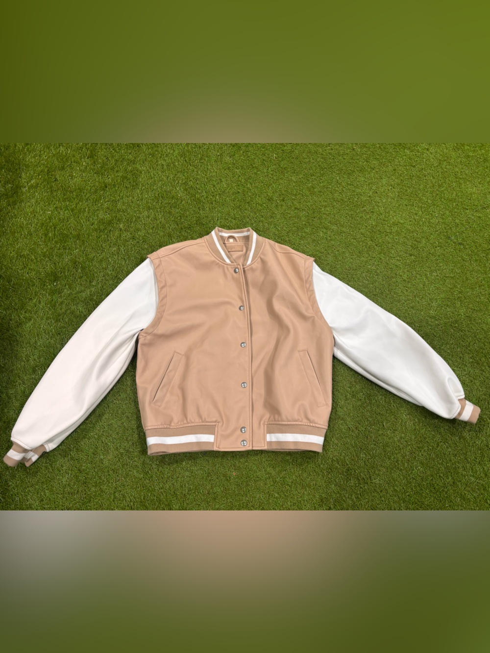 Blank NYC Two-Tone Tan and White Varsity Jacket